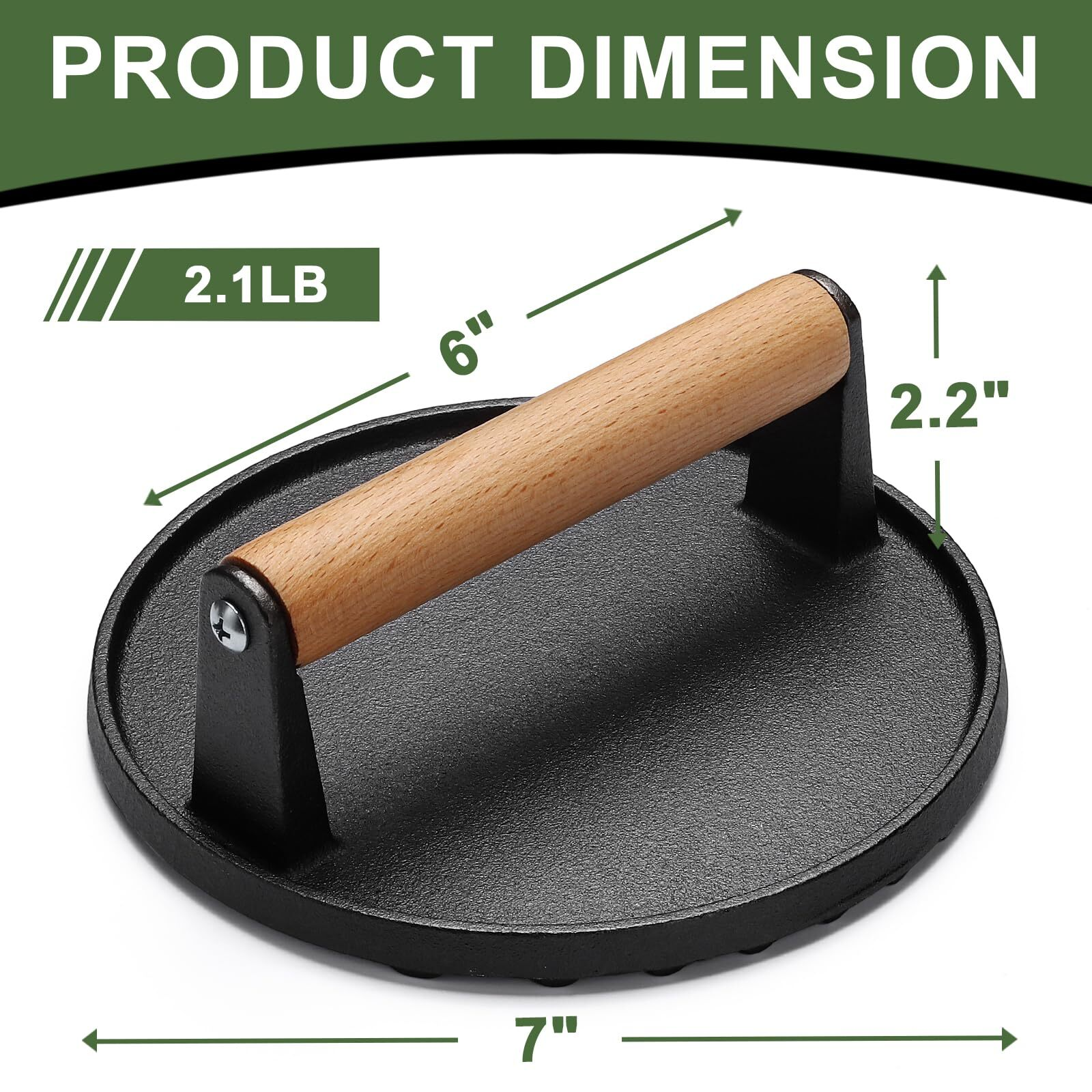 Cast Iron Smash Burger Press — 7 Inch Heavy Duty Griddle Press with Wooden Handle | Flat Top Grill Accessory
