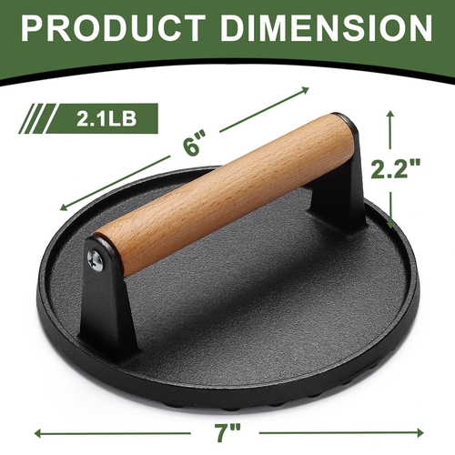 Cast Iron Smash Burger Press — 7 Inch Heavy Duty Griddle Press with Wooden Handle | Flat Top Grill Accessory