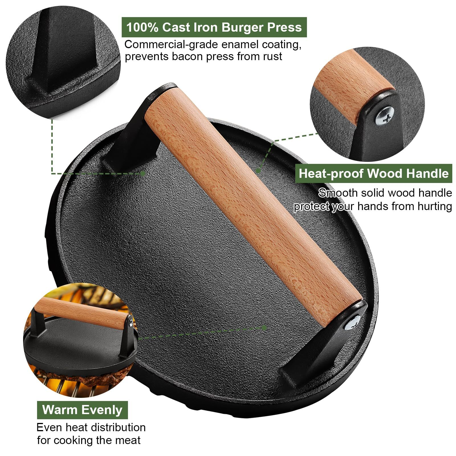 Cast Iron Smash Burger Press — 7 Inch Heavy Duty Griddle Press with Wooden Handle | Flat Top Grill Accessory