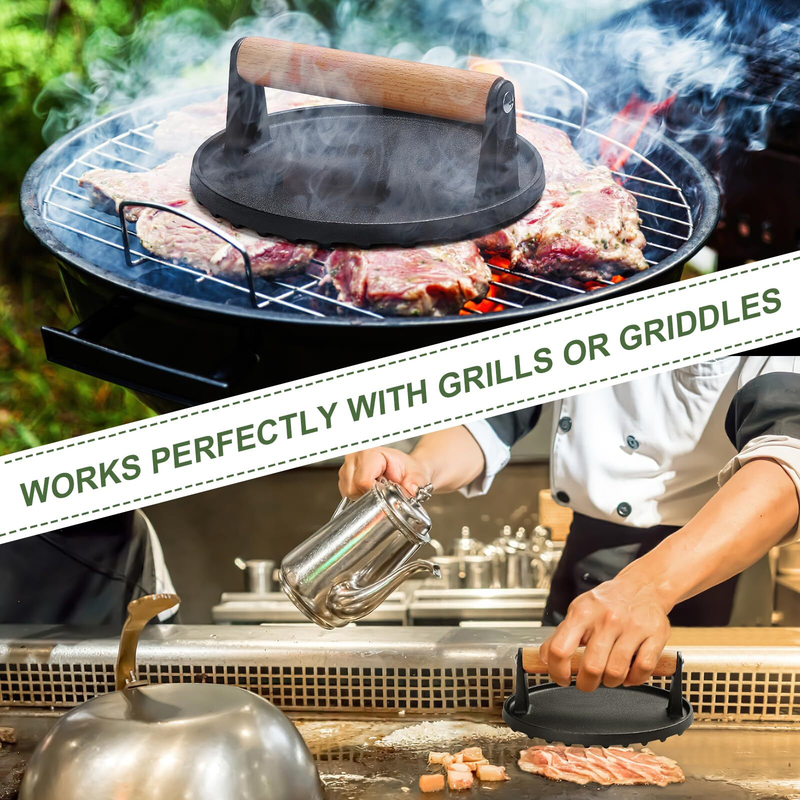 Cast Iron Smash Burger Press — 7 Inch Heavy Duty Griddle Press with Wooden Handle | Flat Top Grill Accessory