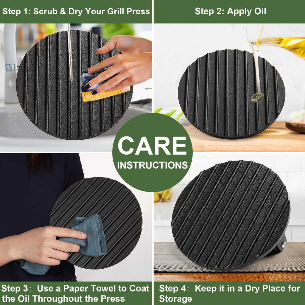 Cast Iron Smash Burger Press — 7 Inch Heavy Duty Griddle Press with Wooden Handle | Flat Top Grill Accessory